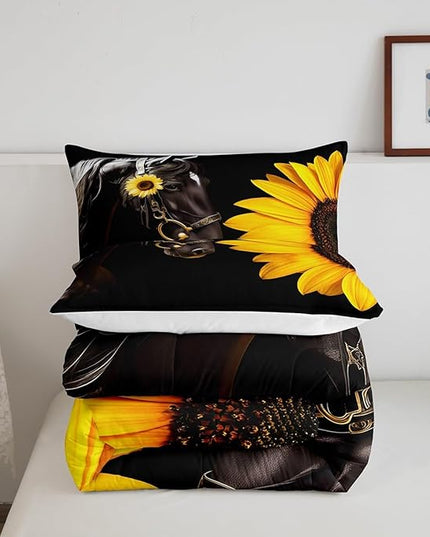 Erosebridal Horse Comforter Set Queen,Sunflower Horse Bedding set for Boys Girls Teens Adults,Western cowboy Farmhouse Down Comforter farm animal Quilt Duvet Sets Bedroom Decor 2 Pillow Cases Black - LeafyLoom