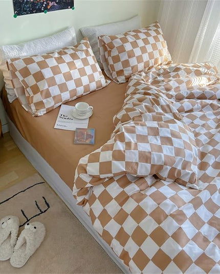Wellboo Light Brown Plaid Comforter Sets Twin Women Men Cream Coffee and White Checkerboard Grid Bedding Comforters Cotton Boys Girls Modern Light Taupe Checkered Geometric Quilts Luxury Abstract Bed - LeafyLoom