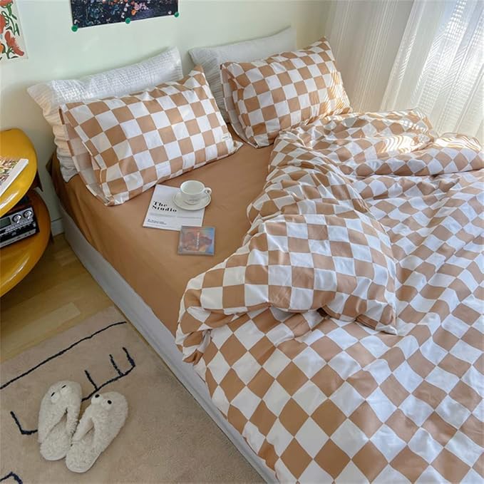 Wellboo Light Brown Plaid Comforter Sets Twin Women Men Cream Coffee and White Checkerboard Grid Bedding Comforters Cotton Boys Girls Modern Light Taupe Checkered Geometric Quilts Luxury Abstract Bed - LeafyLoom