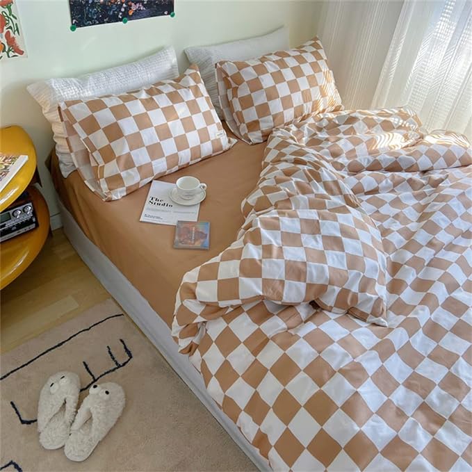Wellboo Light Brown Plaid Comforter Sets Full Women Men Cream Coffee and White Checkerboard Grid Bedding Comforters Cotton Boys Girls Modern Light Taupe Checkered Geometric Quilts Luxury Abstract Bed - LeafyLoom