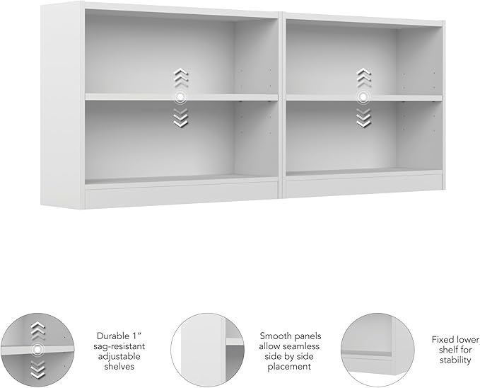 Bush Furniture Universal Small 2 Shelf Bookcase in White - Set of 2, Matching Storage and Display Bookshelves for Home Office or Living Room Organization - LeafyLoom