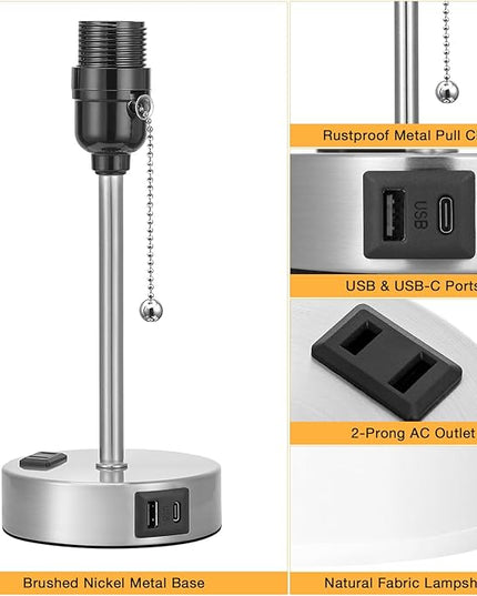 Dicoool White Bedside Lamp for Bedroom - 3 Color Temperatures Desk Lamp with USB C and A Ports, Pull Chain Table Lamp with AC Outlet, Nightstand Lamp with Silver Metal Base for Kids Girls - LeafyLoom