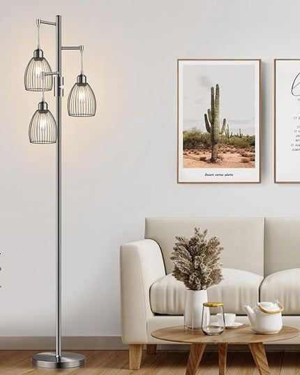 Dimmable Floor Lamp, Industrial Floor Lamps for Living Room, Brushed Nickel Tree Lamp Standing Lamp Tall Lamps with 3 Elegant Teardrop Cage Head & 800 Lumens LED Bulbs for Living Room Bedroom Office - LeafyLoom