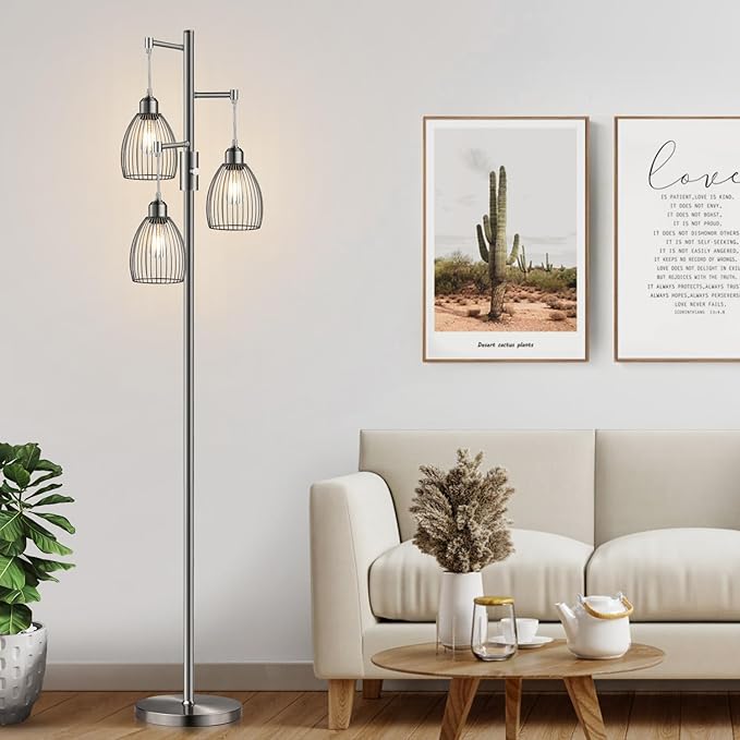 Dimmable Floor Lamp, Industrial Floor Lamps for Living Room, Brushed Nickel Tree Lamp Standing Lamp Tall Lamps with 3 Elegant Teardrop Cage Head & 800 Lumens LED Bulbs for Living Room Bedroom Office - LeafyLoom
