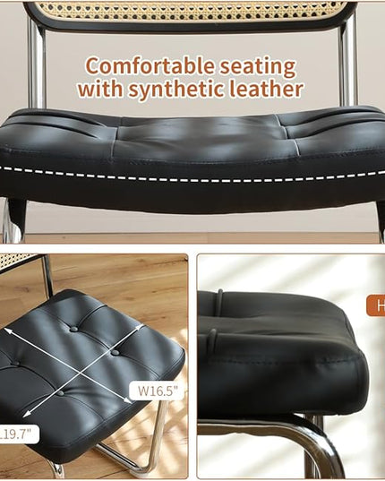 Dining Chairs Set of 2, Faux Leather Rattan Side Accent Chairs with Chrome Legs, Modern Mid Century Designed Chairs for Dining,Living Room,Kitchen Chairs (Leather Black) - LeafyLoom