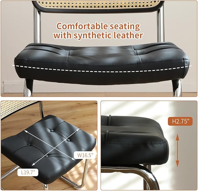 Dining Chairs Set of 2, Faux Leather Rattan Side Accent Chairs with Chrome Legs, Modern Mid Century Designed Chairs for Dining,Living Room,Kitchen Chairs (Leather Black) - LeafyLoom