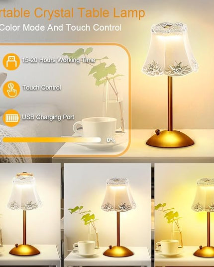 Portable Crystal Table Lamp,Cordless Metal Vintage Desk Lamp,3 Color Touch Control Rechargeable Lamp,3-Levels Brightness Room Decor Desk Lamp,Living Room,Kitchen,Dining Room Lamp (Gold-1) - LeafyLoom