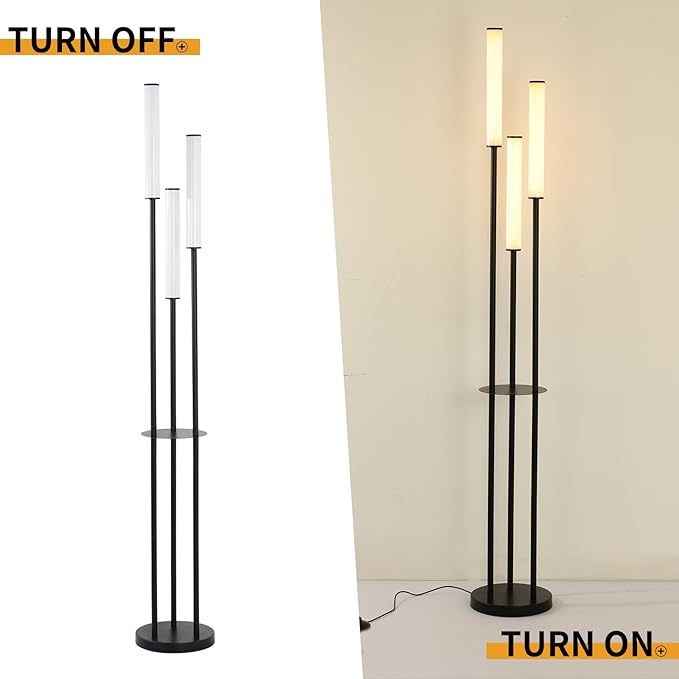 Ganeed LED Floor Lamp with Shelves,30W Modern Black Tall Lamps with 3 Acrylic Lampshade,3000K Warm Light Standing Lamps with Foot Switch and Remote Control (66.5 inch) - LeafyLoom