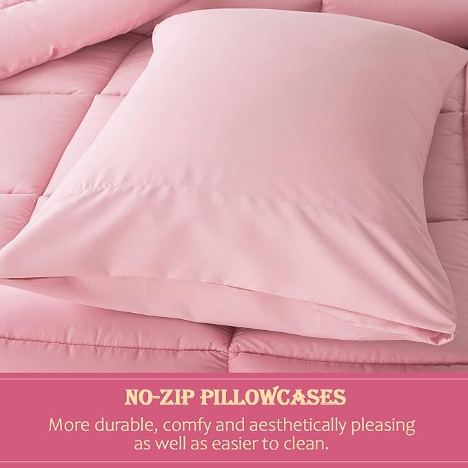 WhatsBedding Pink Comforter Set Queen, Lightweight All Season Soft Down Alternative Bed Comforter, 3 Pieces Bedding Set with 2 Pillowcases, Queen Size, 88"x90" - LeafyLoom
