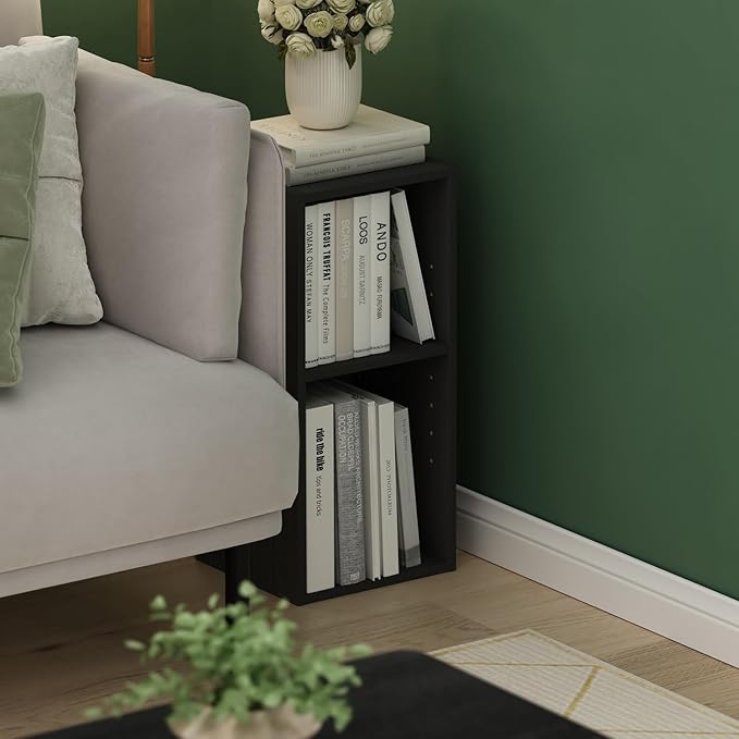 Furinno Fulda 2-Tier Space Saving Storage Shelf Bookcase, 10-Inch Width, Blackwood - LeafyLoom