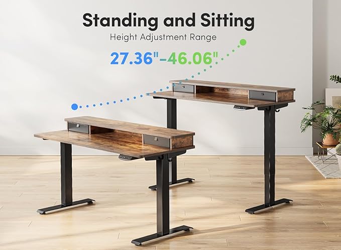 FEZIBO 40 x 24 Inch Height Adjustable Electric Standing Desk with Double Drawer, Stand Up Desk with Storage Shelf, Sit Stand Desk, Rustic Brown - LeafyLoom