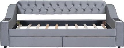 Twin Size Daybed with Storage Armrests & 2 Drawers,Upholstered Sofa Bed W/USB Ports & Button Tufted Backrest,No Box Spring Needed,Multi-Function Bedframe for Living Room Bedroom,Gray Velvet - LeafyLoom