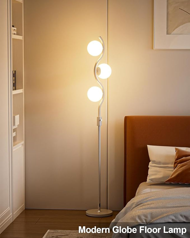 Lightdot 60IN Dimmable (Brightness Adjustable) White Floor Lamp, Mid Century Standing Lamps with 3 Globe Soft Warm White Eye Care 3000K Bulbs Included, Modern Tall Lamp for Bedroom Office - LeafyLoom