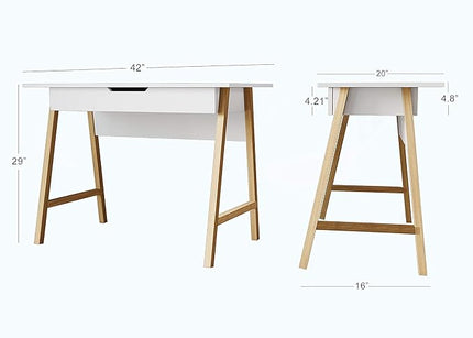 PARMA 42 Inch Modern Desk - Home & Office Small Computer Desk with Wide Drawer - Wooden Study Writing Minimalist Desk with Storage for Small Space, Bedroom & Workstations - Student Desk/Table (White) - LeafyLoom