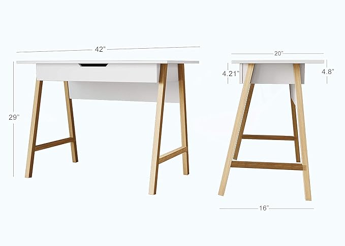 PARMA 42 Inch Modern Desk - Home & Office Small Computer Desk with Wide Drawer - Wooden Study Writing Minimalist Desk with Storage for Small Space, Bedroom & Workstations - Student Desk/Table (White) - LeafyLoom