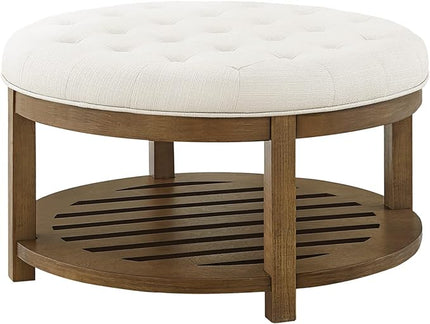 24KF Large Round Upholstered Tufted Linen Ottoman Coffee Table, Large Footrest Ottoman with Wood Shelf Storage-Ivory - LeafyLoom