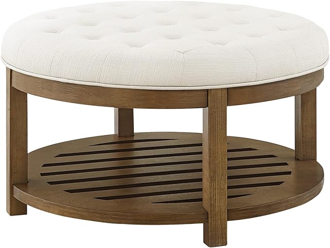 24KF Large Round Upholstered Tufted Linen Ottoman Coffee Table, Large Footrest Ottoman with Wood Shelf Storage-Ivory - LeafyLoom