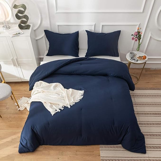 Solid Navy Comforter Set Cal King Navy Blue Bedding Set Soft Pure Navy Blue Bedding Quilt Men Navy Blue Blanket Women Breathable Durable Bed Comforter Set Dark Navy Blue Bedding Set Cal King - LeafyLoom