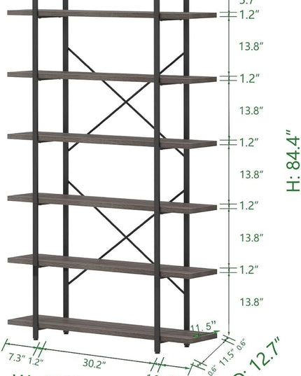 HSH Industrial Tall Bookshelf, Large Vertical Wood and Metal 6 Tier Book Shelf, Open 6 Shelf Bookcase for Bedroom Living Room Office, Vintage Display Storage Bookshelves and Bookcases, Dark Gray Oak - LeafyLoom