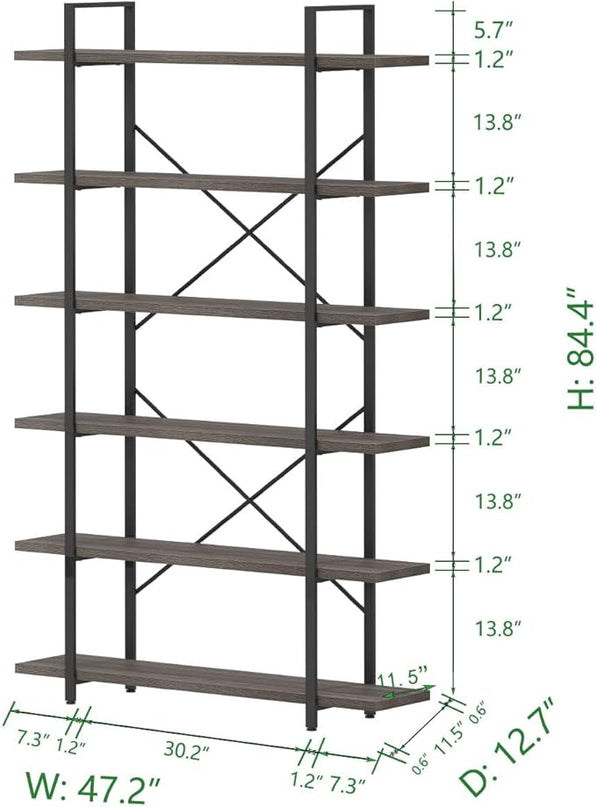 HSH Industrial Tall Bookshelf, Large Vertical Wood and Metal 6 Tier Book Shelf, Open 6 Shelf Bookcase for Bedroom Living Room Office, Vintage Display Storage Bookshelves and Bookcases, Dark Gray Oak - LeafyLoom