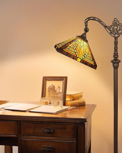Capulina Tiffany Floor Lamp H62 Tall Antique Mission Style Stained Glass Soft Light Arched Gooseneck Adjustable Angle Reading Lamp for Living Room Bedroom - LeafyLoom