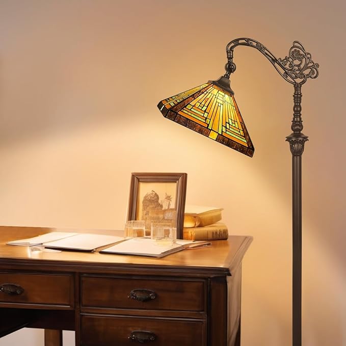 Capulina Tiffany Floor Lamp H62 Tall Antique Mission Style Stained Glass Soft Light Arched Gooseneck Adjustable Angle Reading Lamp for Living Room Bedroom - LeafyLoom