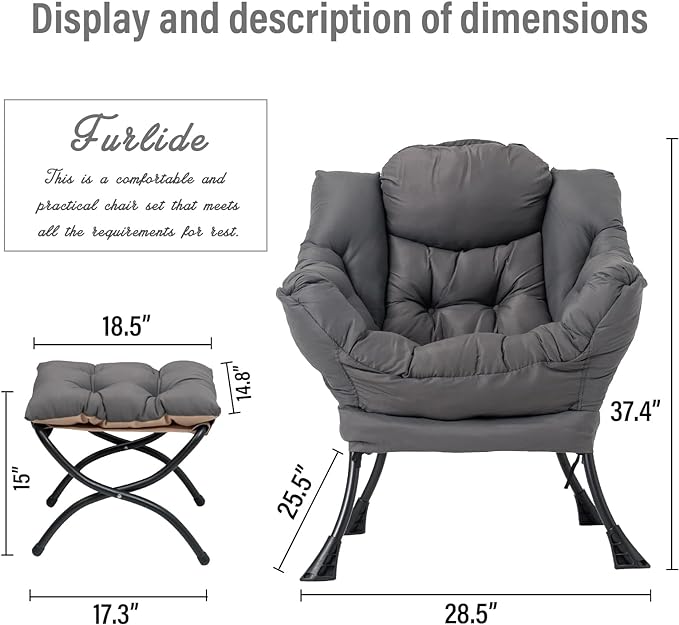 Lazy Chair with Ottoman, Modern Chair with Folding Footrest, Lounge Accent Chair, Comfortable Reading Chair, Oversized Armchairs for Bedroom, Study, Living Room, Courtyard (Dark Grey) - LeafyLoom
