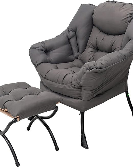 Welnow Lazy Chair with Ottoman, Modern Lounge Accent Chair with Armrests and a Side Pocket, Leisure Upholstered Sofa Chair Reading Chair with Footrest for Small Space, Corner Chair, Dark Grey - LeafyLoom