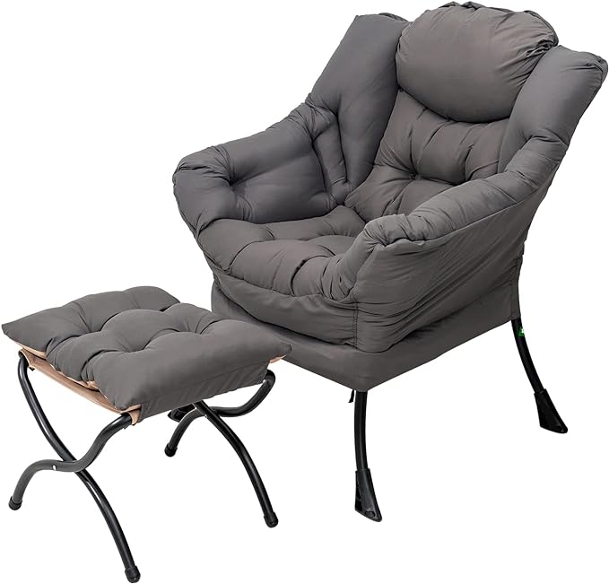 Lazy Chair with Ottoman, Modern Soft Reading Chair Accent Contemporary Lounge Leisure Sofa Chair with Armrests and a Side Pocket for Living Room, Bedroom, Dorm & Office, Dark Grey - LeafyLoom