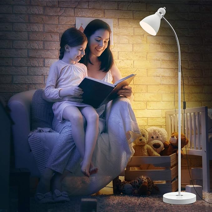 LEPOWER Floor Lamp, Metal Standing Lamp with Adjustable Gooseneck, Heavy Metal Base, Reading Pole Lamp for Office, White Floor Lamps for Bedroom, Living Room - LeafyLoom