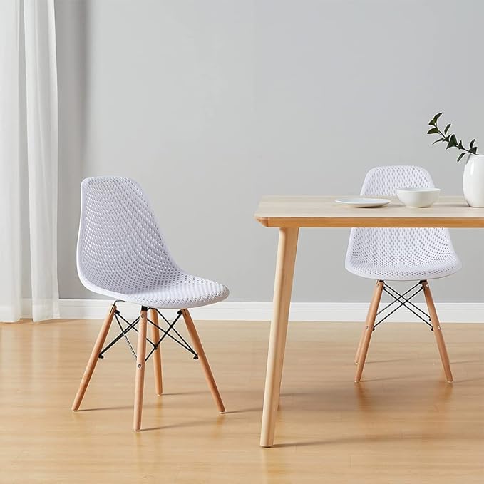 CangLong Dining Mid Century Modern Hollow Back Design Plastic Shell Armless Side Chair with Beech Wood Legs, Set of 2, White 1 - LeafyLoom