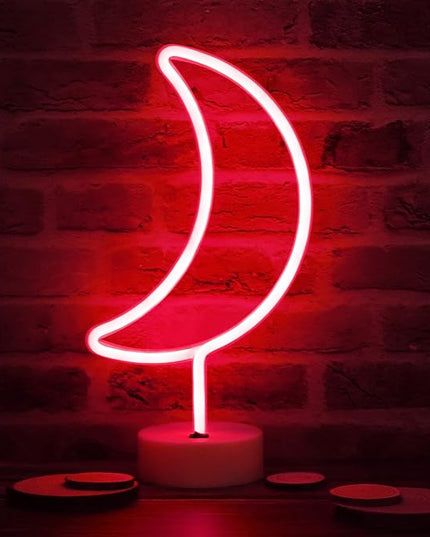 LED Moon Neon Signs, Crescent Night Lights USB Battery Operated Moon Lamp for Birthday Party, Wedding, Halloween, Christmas Decorations-Moon with Holder Base(Red) - LeafyLoom