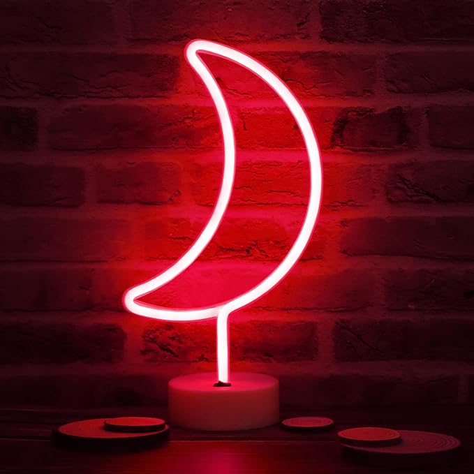 LED Moon Neon Signs, Crescent Night Lights USB Battery Operated Moon Lamp for Birthday Party, Wedding, Halloween, Christmas Decorations-Moon with Holder Base(Red) - LeafyLoom