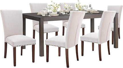COLAMY 7-Piece Dining Table Set for 6, 60" Kitchen Wood Table with 6 Nailhead Dining Room Chairs, Brown/Beige - LeafyLoom