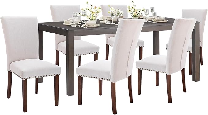 COLAMY 7-Piece Dining Table Set for 6, 60" Kitchen Wood Table with 6 Nailhead Dining Room Chairs, Brown/Beige - LeafyLoom