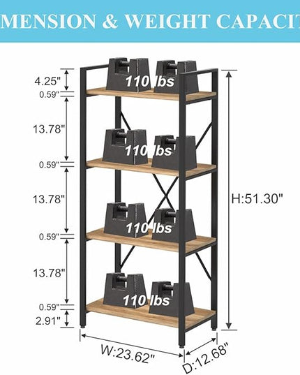 BON AUGURE Industrial 4 Tier Bookshelf, Modern Open Shelving Unit Book Shelves, Heavy Duty Etagere Bookcase, Wood Metal 4 Shelf Book Case for Office, Living Room and Bedroom (Vintage Oak) - LeafyLoom