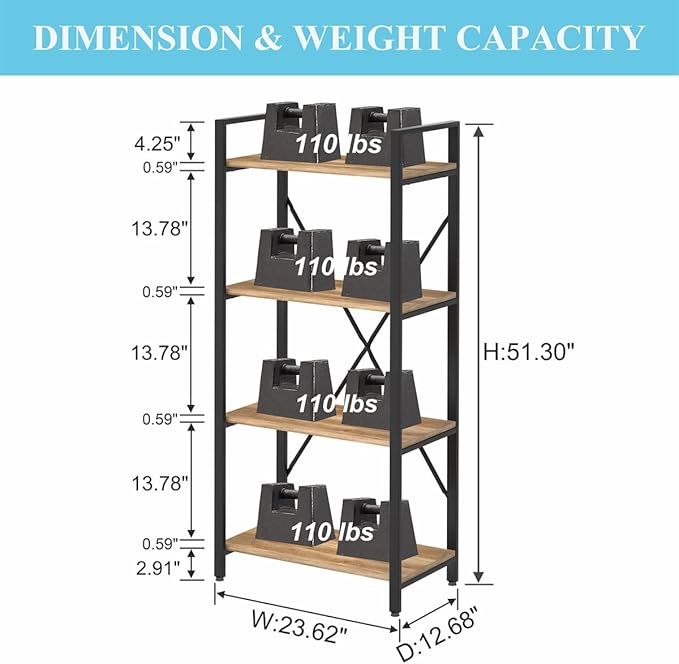 BON AUGURE Industrial 4 Tier Bookshelf, Modern Open Shelving Unit Book Shelves, Heavy Duty Etagere Bookcase, Wood Metal 4 Shelf Book Case for Office, Living Room and Bedroom (Vintage Oak) - LeafyLoom