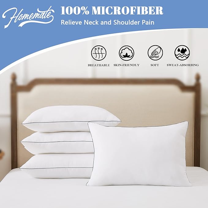 Homemate Bed Pillows for Sleeping - Standard Size(20"x26") Set of 4 Pillows Allergy Friendly Microfiber Shell Fluffy Down Alternative Filling Breathable Pillow Suitable Back Stomach or Side Sleepers - LeafyLoom