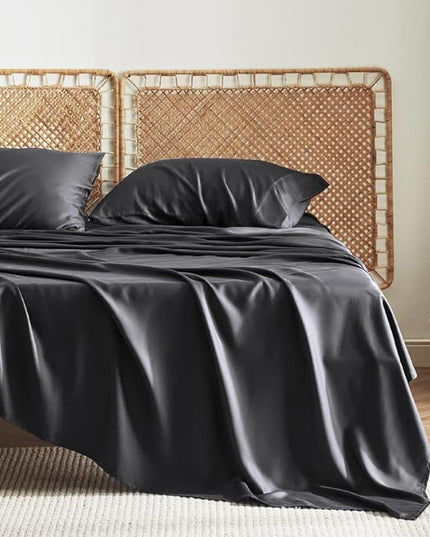 Bedsure King Size Sheet Set, Cooling Sheets King, Rayon Derived from Bamboo, Deep Pocket Up to 16", Breathable & Soft Bed Sheets, Hotel Luxury Silky Bedding Sheets & Pillowcases, Black - LeafyLoom
