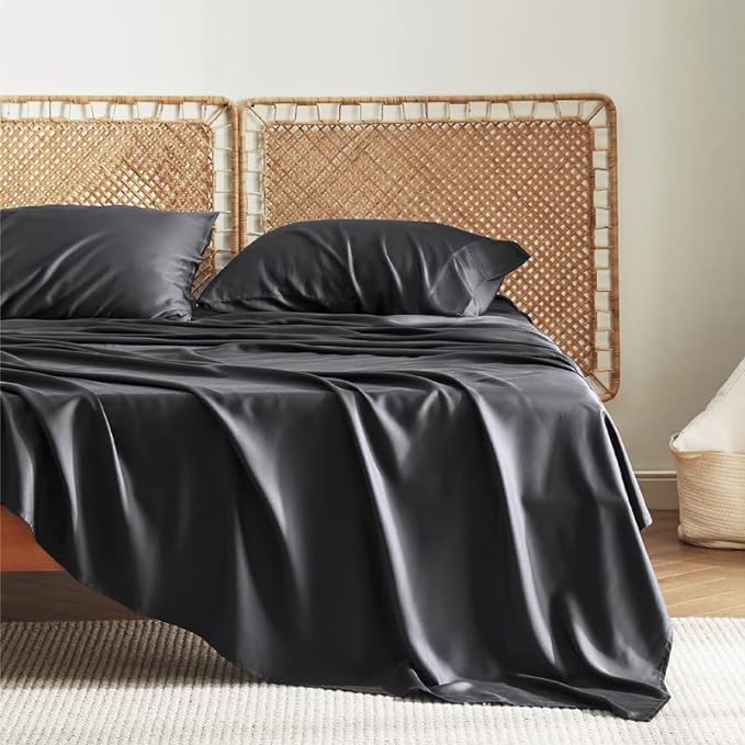 Bedsure King Size Sheet Set, Cooling Sheets King, Rayon Derived from Bamboo, Deep Pocket Up to 16", Breathable & Soft Bed Sheets, Hotel Luxury Silky Bedding Sheets & Pillowcases, Black - LeafyLoom