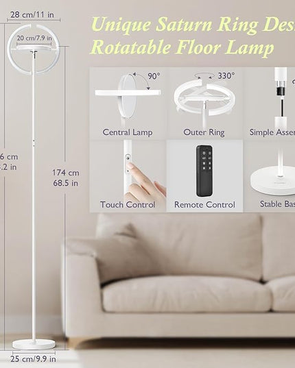 FIMEI Modern LED Floor Lamp Saturn Ring Original Design, Stepless Dimming and 3 Color Temperature, Rotatable and Independent Control of Round Light and Ring Light for Living Room Bedroom Office, White - LeafyLoom