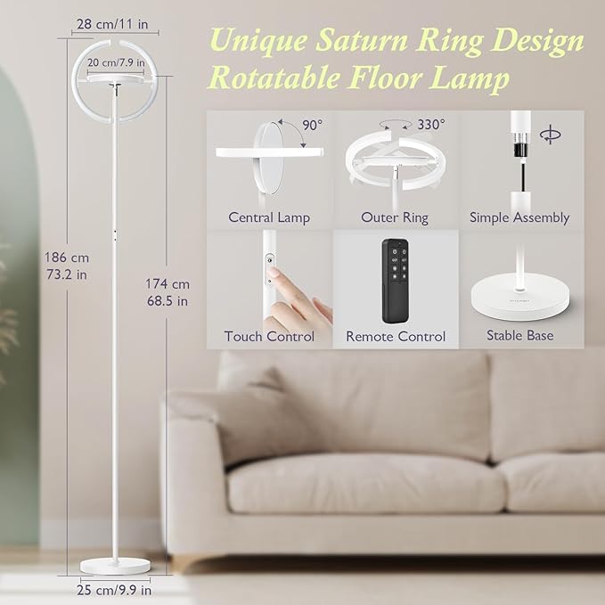 FIMEI Modern LED Floor Lamp Saturn Ring Original Design, Stepless Dimming and 3 Color Temperature, Rotatable and Independent Control of Round Light and Ring Light for Living Room Bedroom Office, White - LeafyLoom