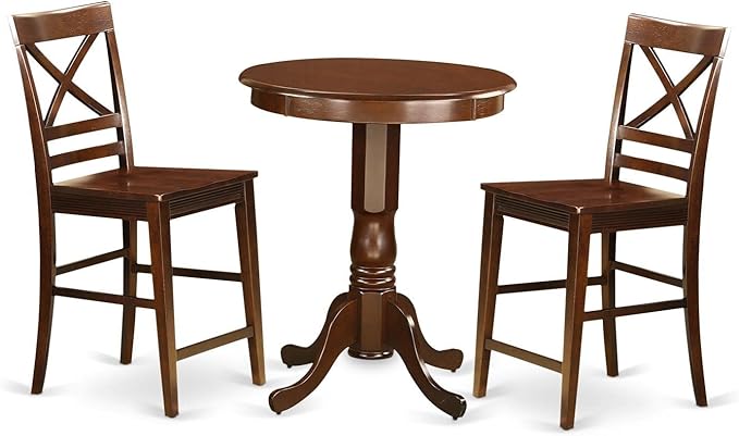 East West Furniture Eden 3 Piece Counter Height Set for Small Spaces Contains a Round Dining Room Table with Pedestal and 2 Wooden Seat Chairs, 30x30 Inch, Mahogany - LeafyLoom