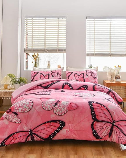 Btargot 3 Piece Pink Butterfly Girls Kids Adults Queen Size Comforter Set, Lightweight Soft All Season Bedding Set with 2 Pillowcases - LeafyLoom
