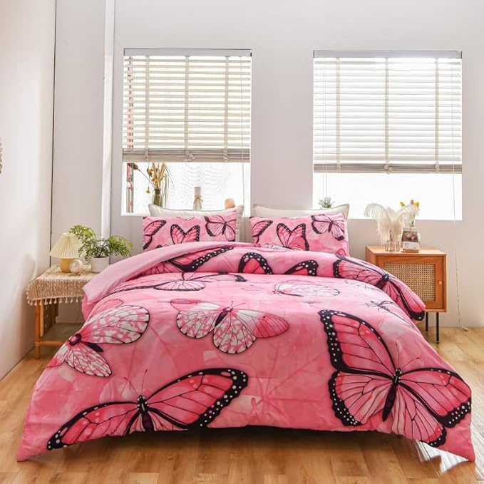 Btargot 3 Piece Pink Butterfly Girls Kids Adults Queen Size Comforter Set, Lightweight Soft All Season Bedding Set with 2 Pillowcases - LeafyLoom
