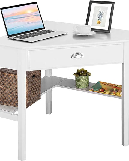 Nightcore Small, Wood Computer Desk, Compact Writing w/Drawer & Storage Shelves, Space Saving Study Workstation, Laptop PC Corner Table, White - LeafyLoom