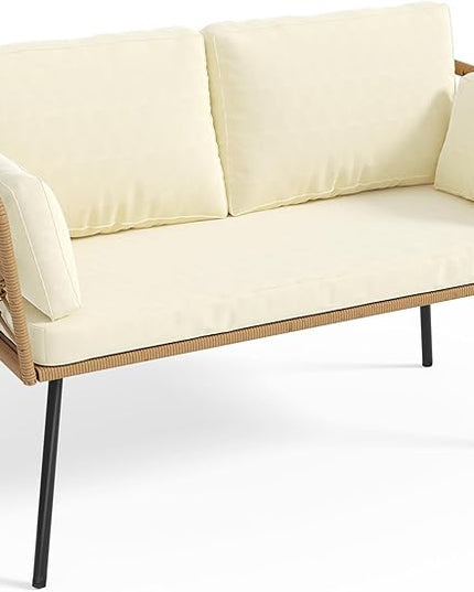 YITAHOME Wicker Outdoor Loveseat, All-Weather Patio Sofa for Balcony, Backyard, Pool, Porch, Deck, Outdoor Sectional Furniture Set with Table & Cushions - Beige - LeafyLoom