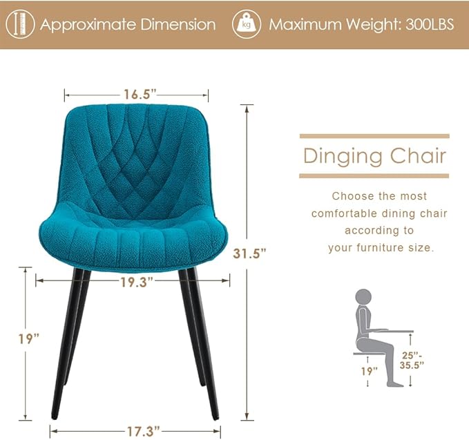 YOUNUOKE Comfortable Dining Chairs Set of 2, Mid-Century Modern Kitchen Dining Room Chairs, Upholstered Backrest Boucle Dining Chair with Black Metal, Teal - LeafyLoom