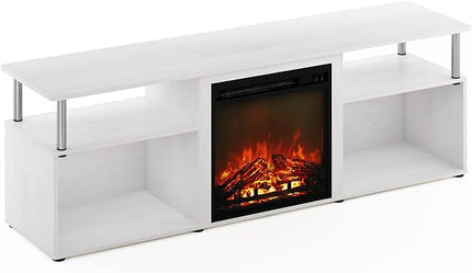 Furinno Jensen Open Storage Fireplace Entertainment Center for TV up to 70 Inch with Stainless Steel Tubes, White Oak/Chrome - LeafyLoom