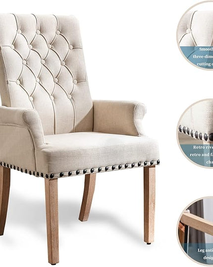 Dining Room Chairs with Arms,Tufted Upholstered High Back Nailed Trim with Untique Oak Wood Legs for Kitchen Restaurant Room Bedroom (Beige) - LeafyLoom